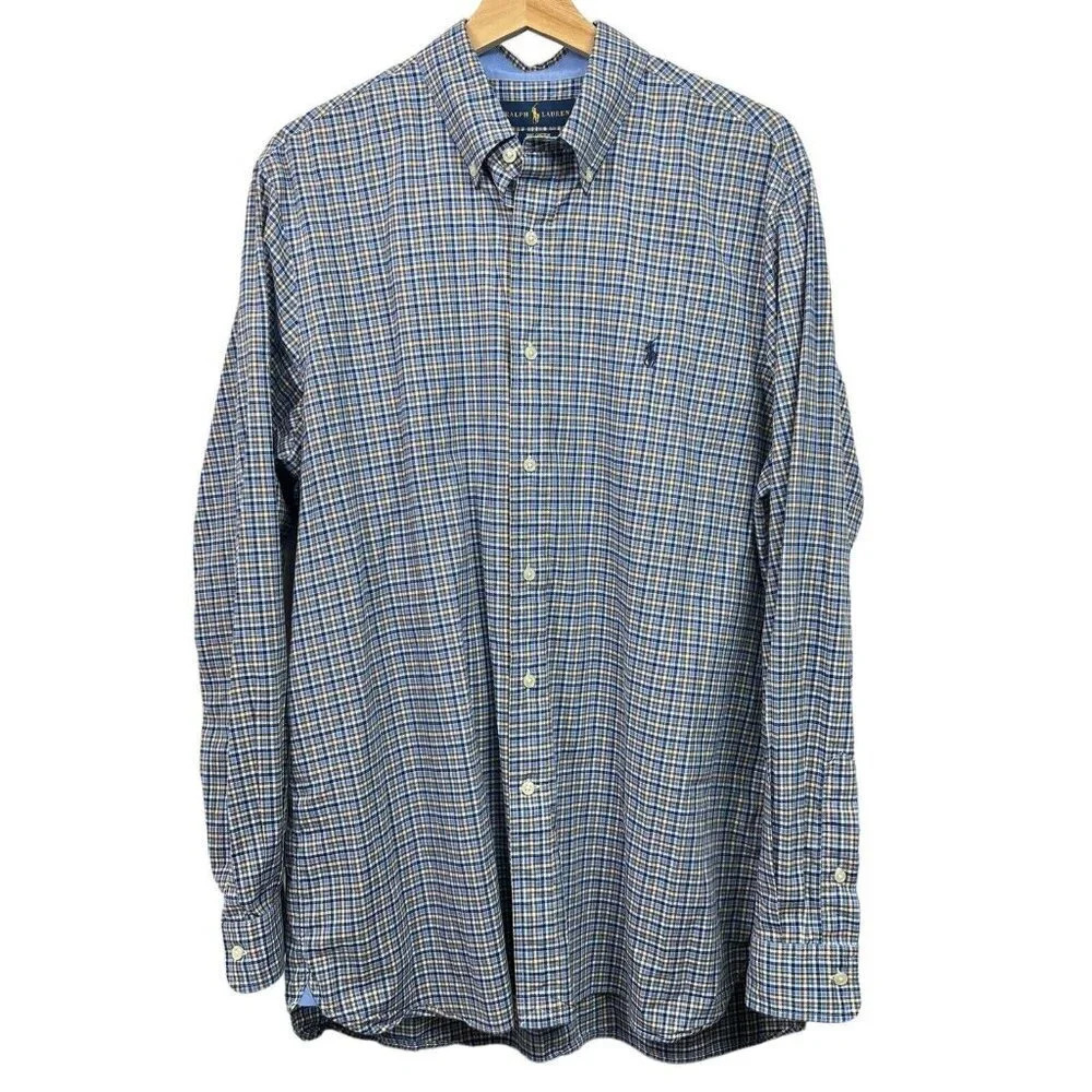 Ralph Lauren Blue Multicolor Button Down Dress Shirt Sz Large Stretch Cotton